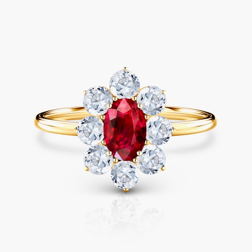 Pierścionek zaręczynowy SAVICKI: złoty, rubin, białe szafiry